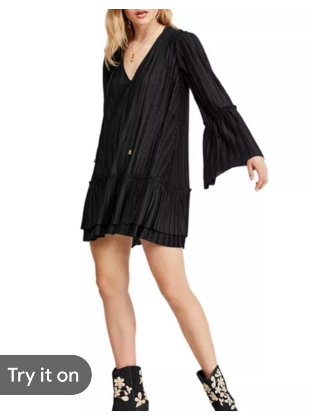 Free People Black Pleated V‑Neck Mini Dress